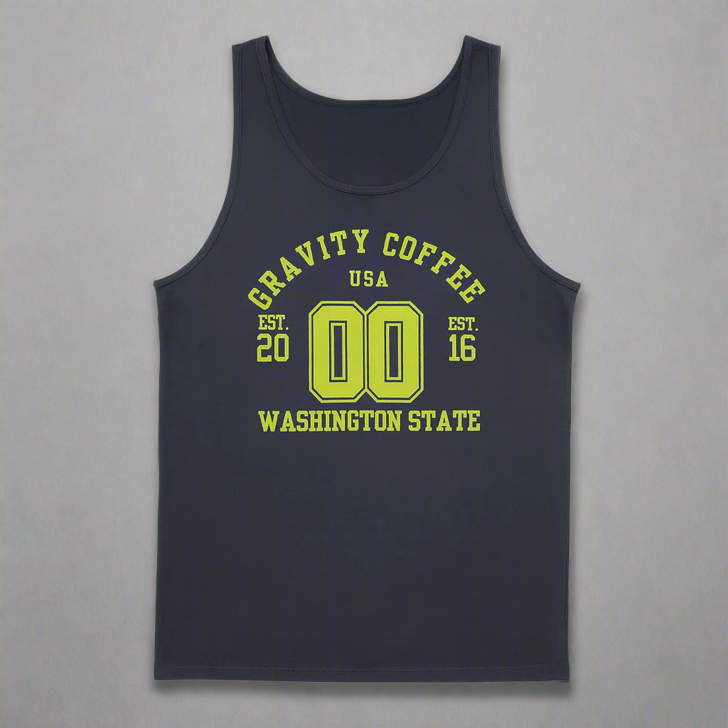 Navy tank top with yellow text featuring 'Gravity Coffee USA' and 'Washington State'.