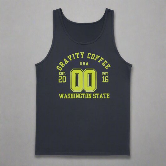 Navy tank top with yellow text featuring 'Gravity Coffee USA' and 'Washington State'.