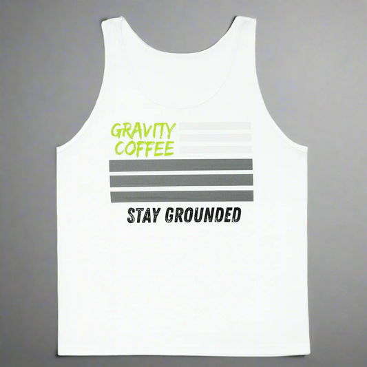 White tank top with 'Gravity Coffee' and 'Stay Grounded' text on a white background