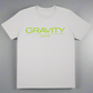 Gray t-shirt with 'GRAVITY COFFEE' text in green on a white background