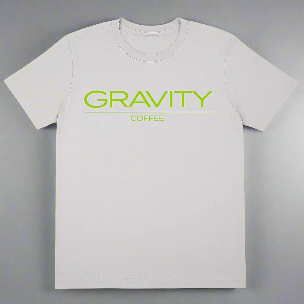 Gray t-shirt with 'GRAVITY COFFEE' text in green on a white background